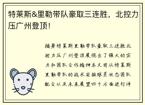 特莱斯&里勒带队豪取三连胜，北控力压广州登顶！